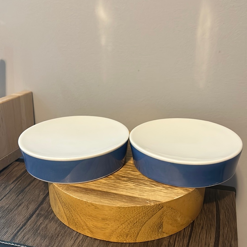 West Elm round blue & white ceramic soap dishes (2)